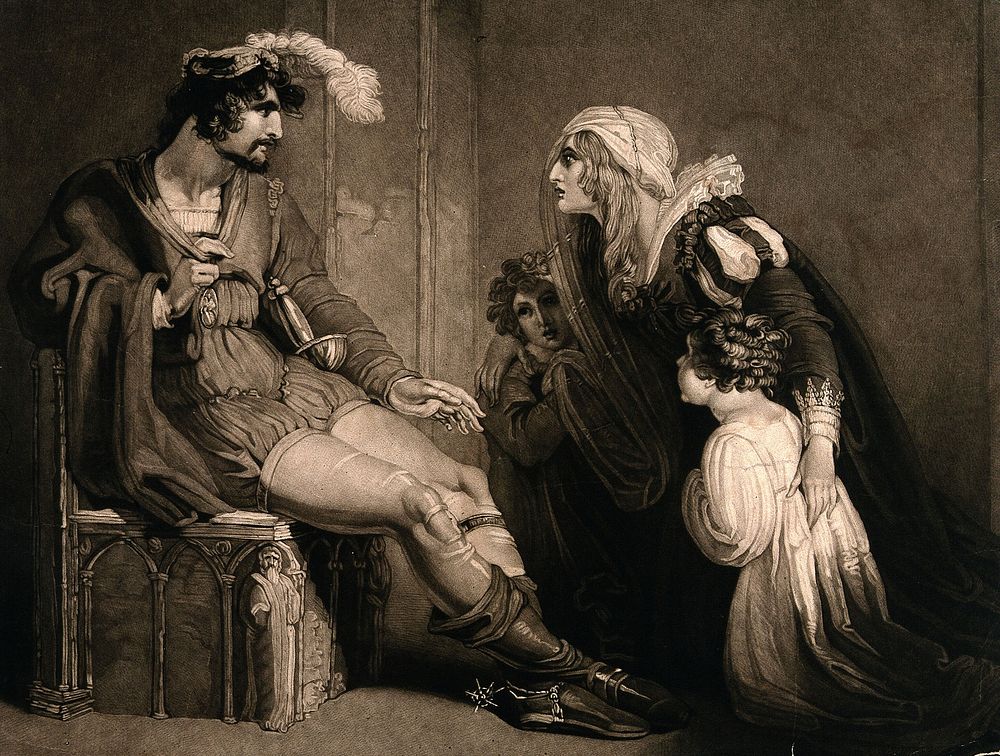 A woman [Anne] and two children are kneeling at the feet of a man in a feathered cap [Richard III]. Mezzotint.