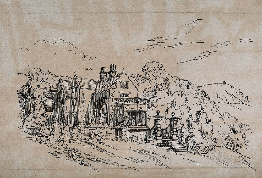 Lea Hurst, home of Florence Nightingale's family in Derbyshire. Lithograph.