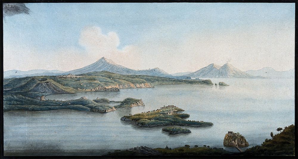 The Phlegraean plain: birdseye view from the top of the San Nicola mountain. Coloured etching by Pietro Fabris, 1776.