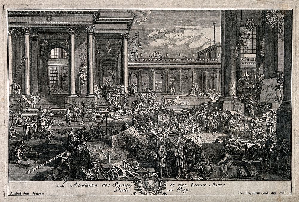 The Académie des Sciences et des Beaux Arts, Paris: showing a variety of subjects studied there. Line engraving by G. Herth…