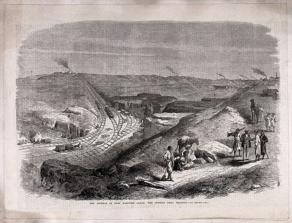 Civil engineering: work on the Suez canal. Wood engraving by M. Jackson, c.1864.
