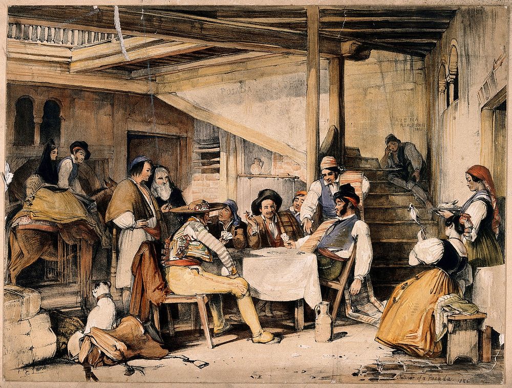 Interior of a posada with men smoking and playing cards as others and a mule rest nearby. Coloured lithograph after J. F.…