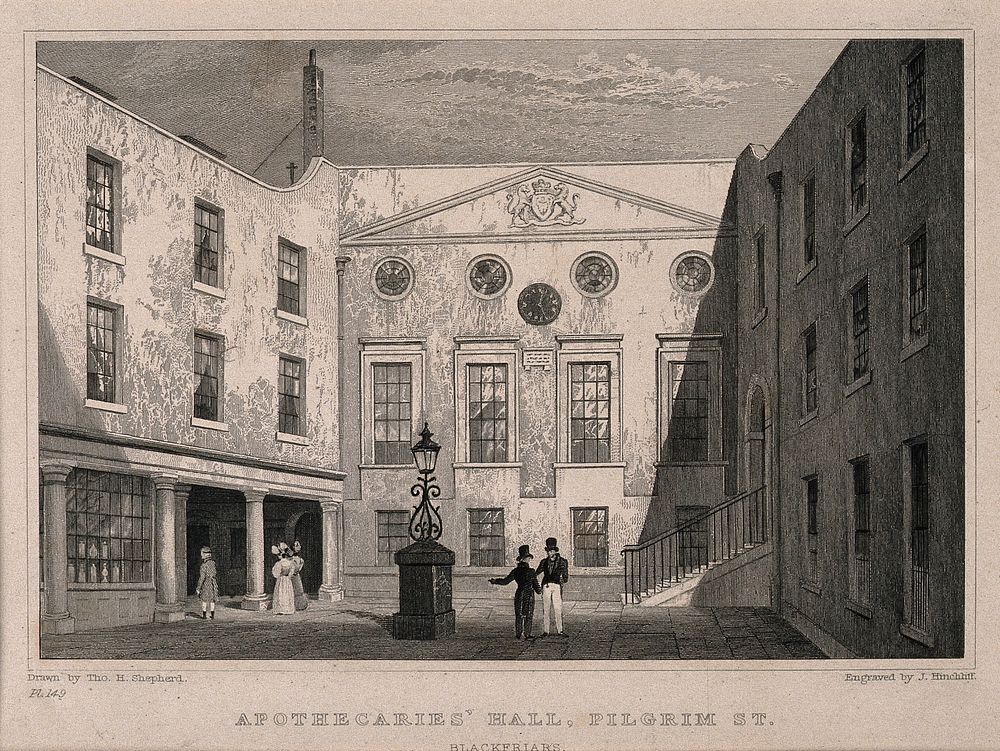 Apothecaries' Hall: the courtyard. Engraving by J. Hinchliff after T. H. Shepherd, 1831.