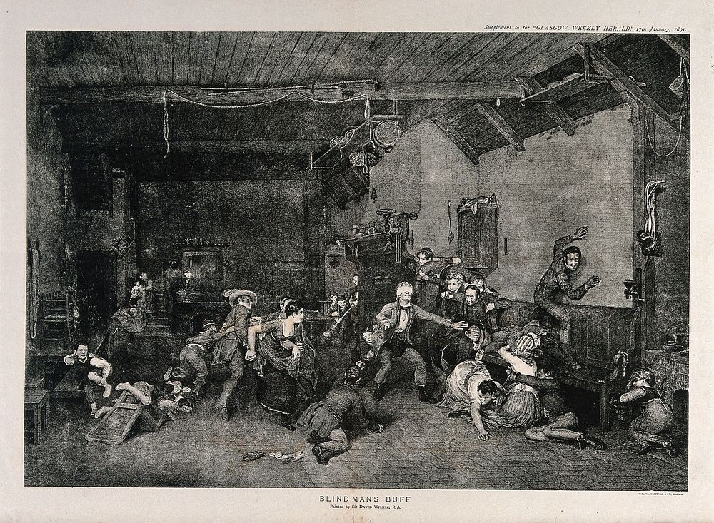 A large group of children play a game of blind man's buff in a large room. Process print after Sir David Wilkie.