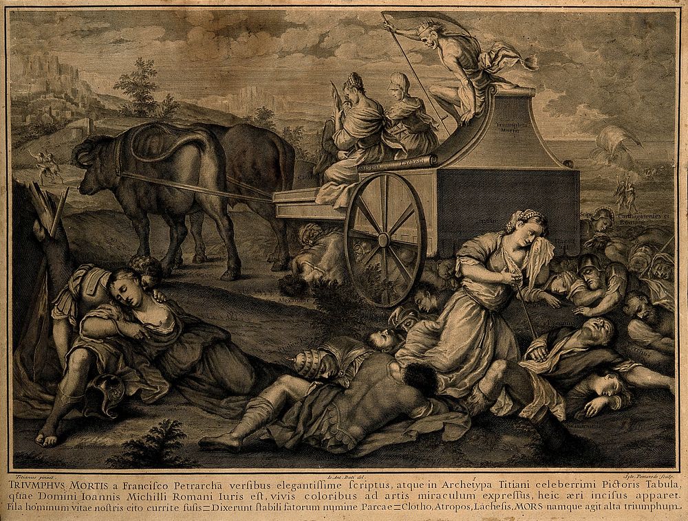 Death and three fates on an ox-drawn carriage; historical figures die on the ground beneath; representing the triumph of…
