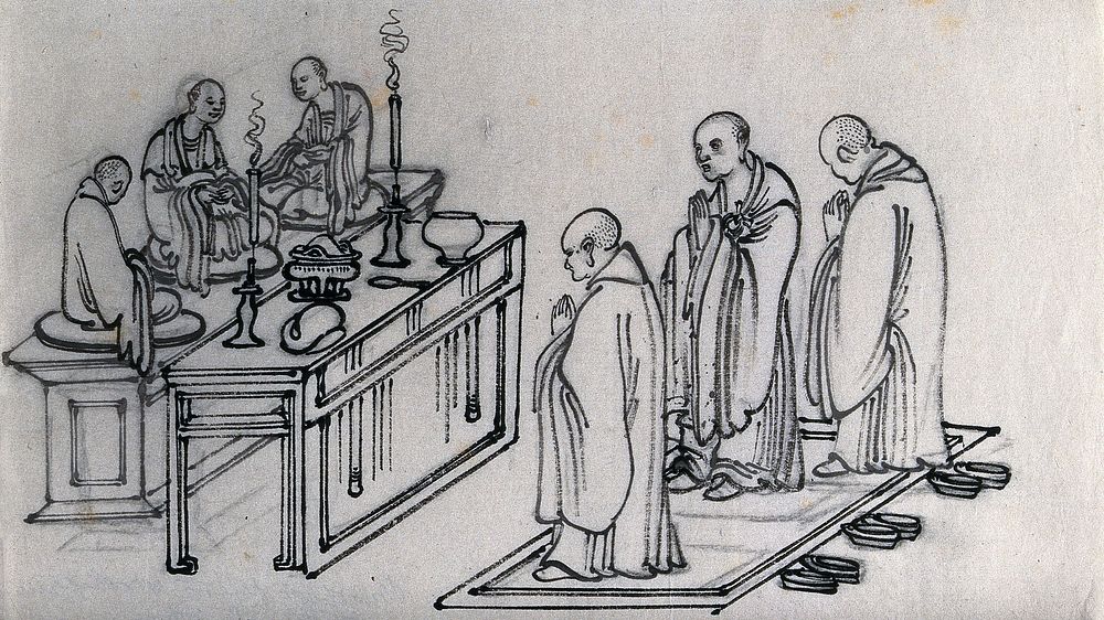 Three Chinese Buddhist priests worshipping at a shrine. Ink drawing, China, 18--.