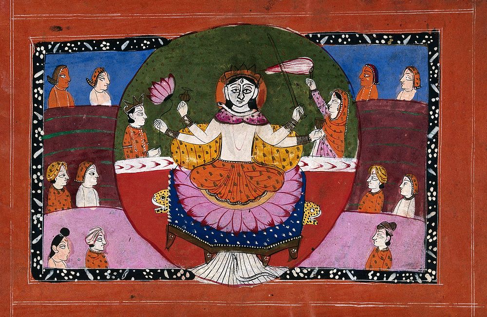 Durga on her lotus with symbols surrounded and attended by devotees. Gouache drawing.