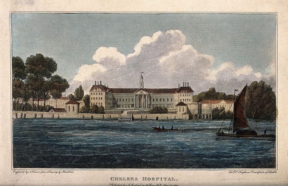 The Royal Hospital, Chelsea: viewed from the Surrey bank with boats on the river. Coloured engraving by A. W. Warren after…