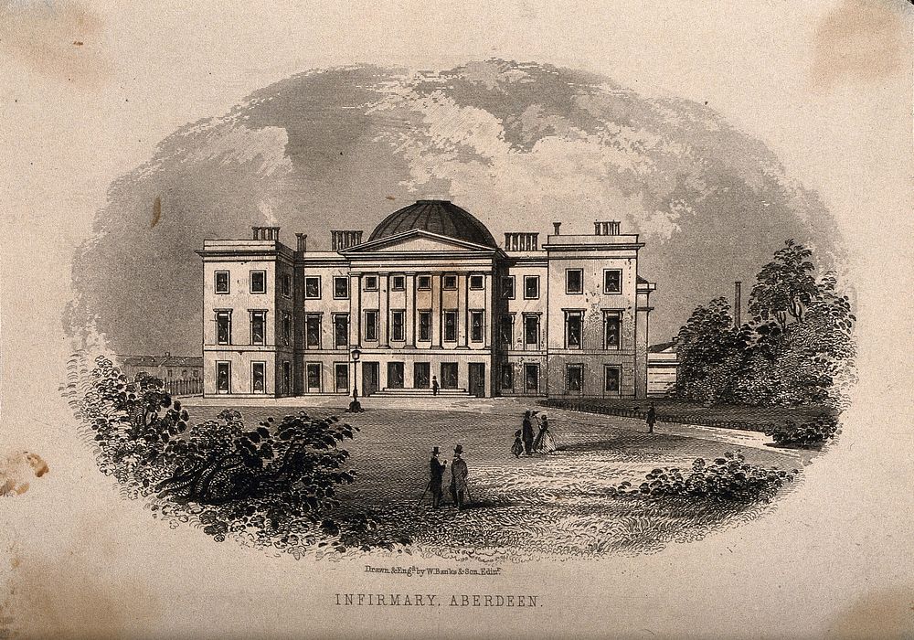 Facade of the Royal Infirmary, Aberdeen. Engraving by W. Banks and son.