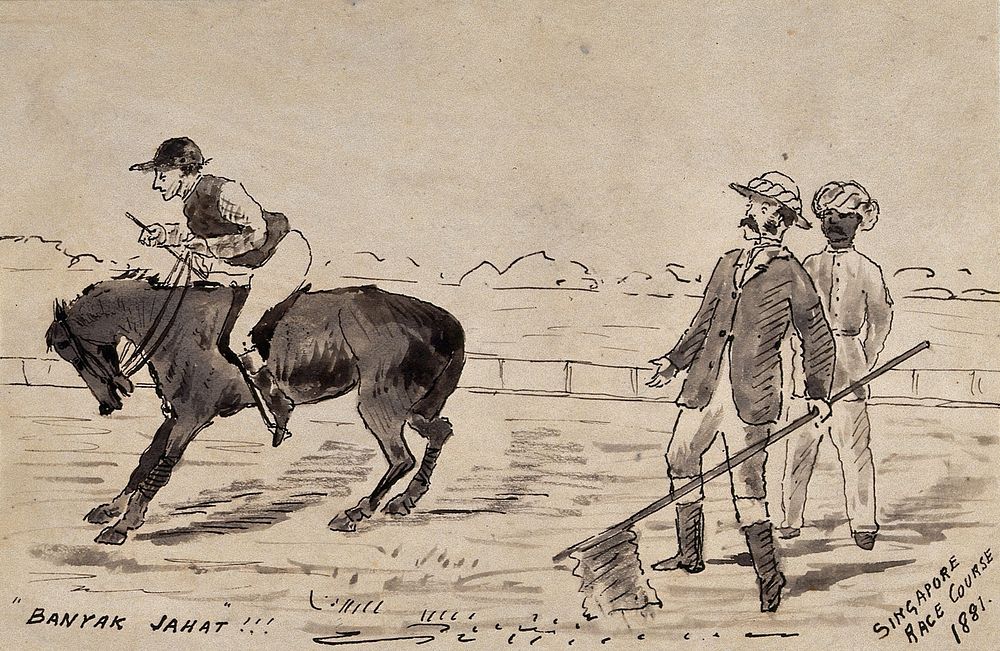 Singapore: a stubborn horse at the start of Singapore racecourse. Pen and ink drawing by J. Taylor, 1881.