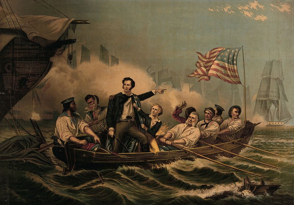 An episode in American naval history: a man in a battle at sea, commanding his men to row in a small boat, surrounded by…