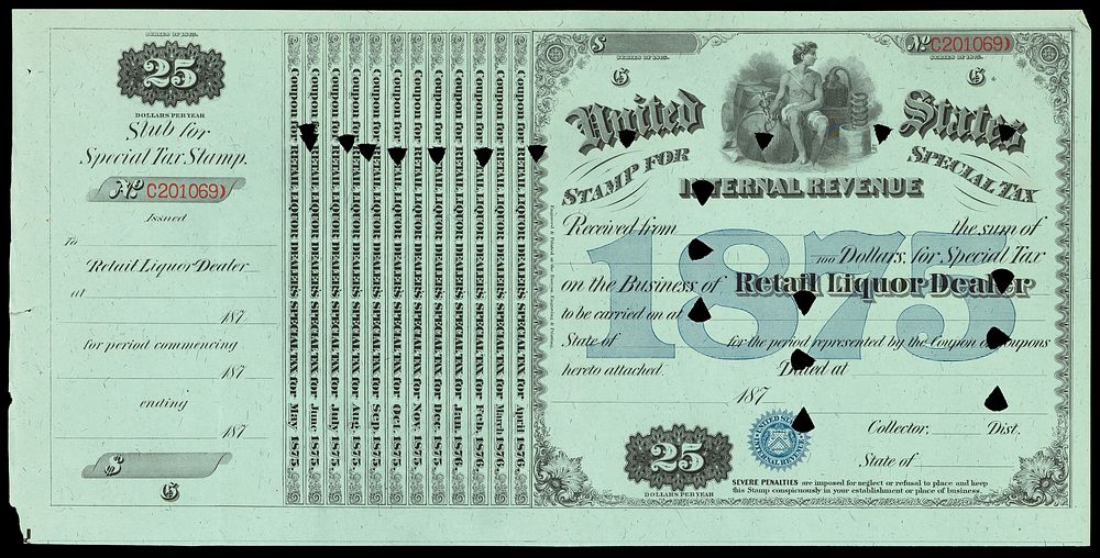 United States Internal Revenue stamp for special tax : received from ... the sum of ... dollars for special tax on the…