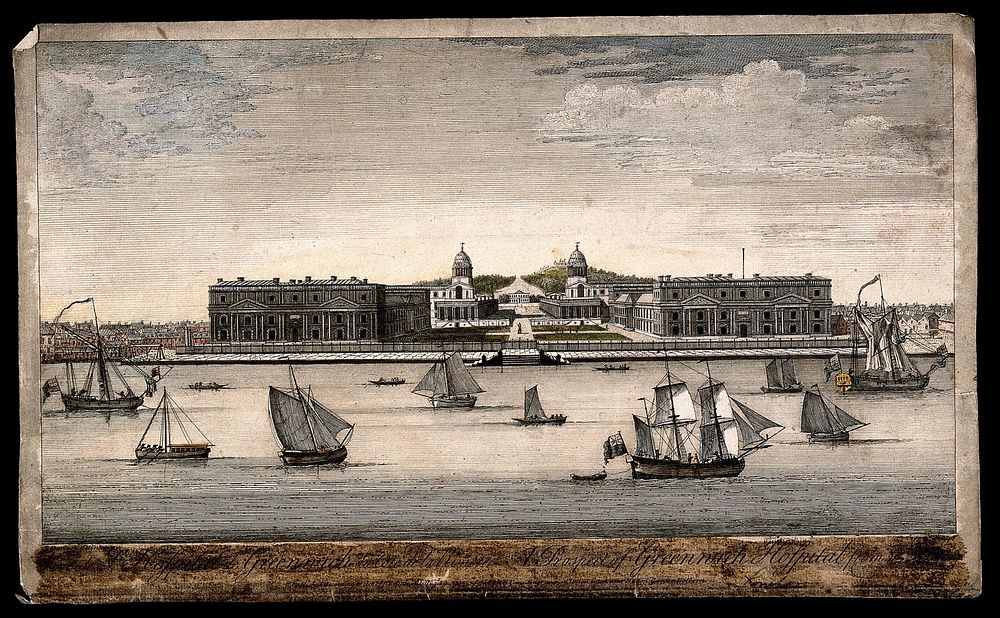 Royal Naval Hospital, Greenwich: ships and rowing boats in the foreground, many small houses either side. Coloured engraving…
