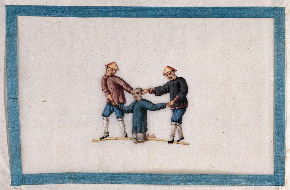 Two Chinese torturers twist the ears of a kneeling man. Gouache painting by a Chinese artist, ca. 1850.