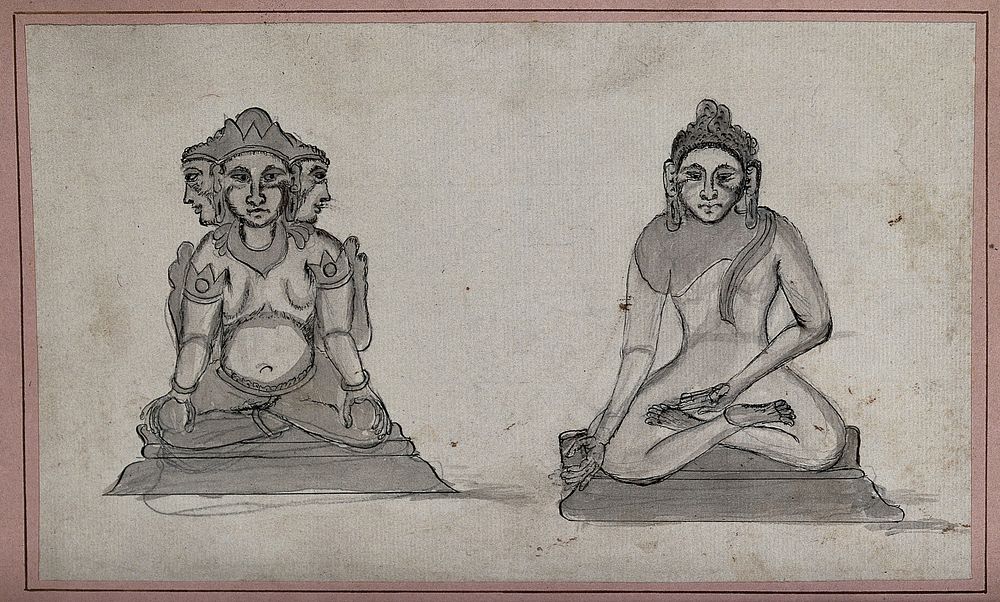 Temple sculpture: two figures. Wash drawing.