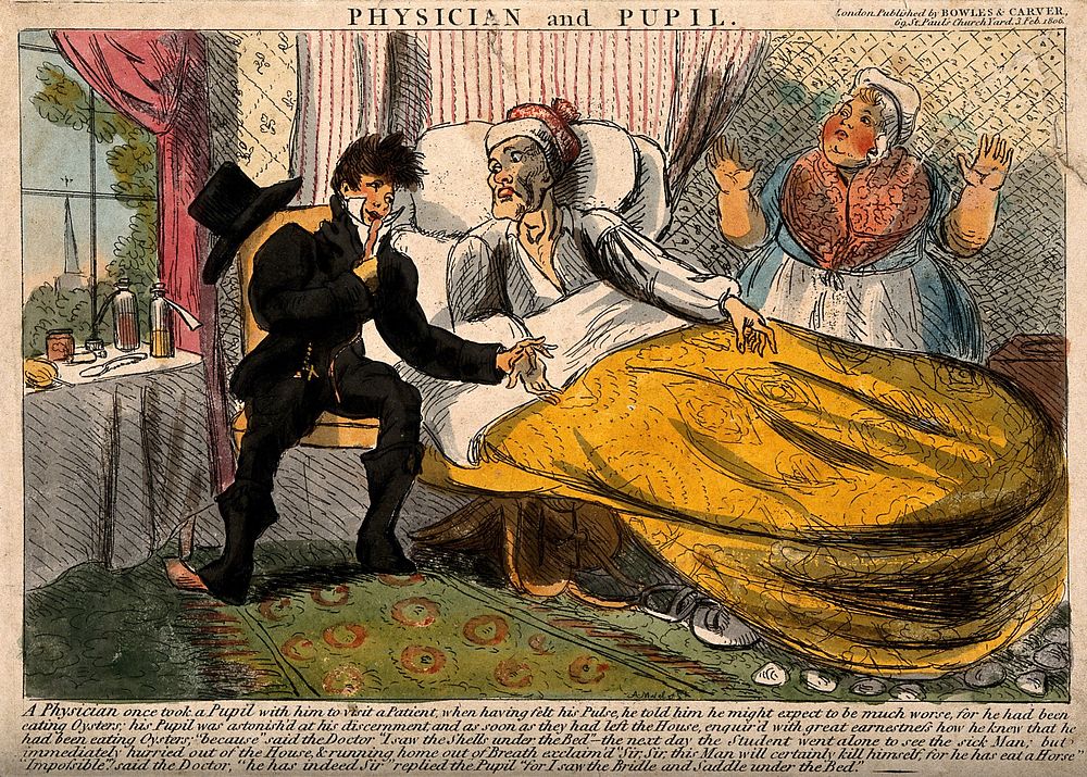 An inexperienced student doctor taking the pulse of a patient in his bed. Coloured etching by A.M. Mills, 1806.