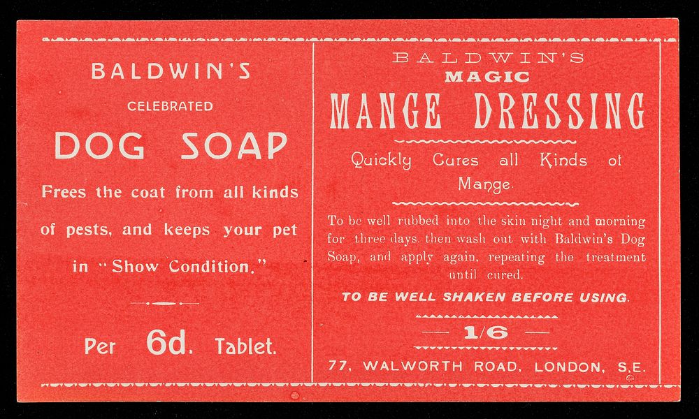 Baldwin's celebrated dog soap : frees the coat from all kinds of pests, and keeps your pet in "show condition" : per 6d.…