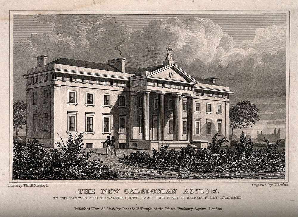 Royal Caledonian Asylum, London: perspective view. Etching by T. Barber after T.H. Shepherd, 1828.