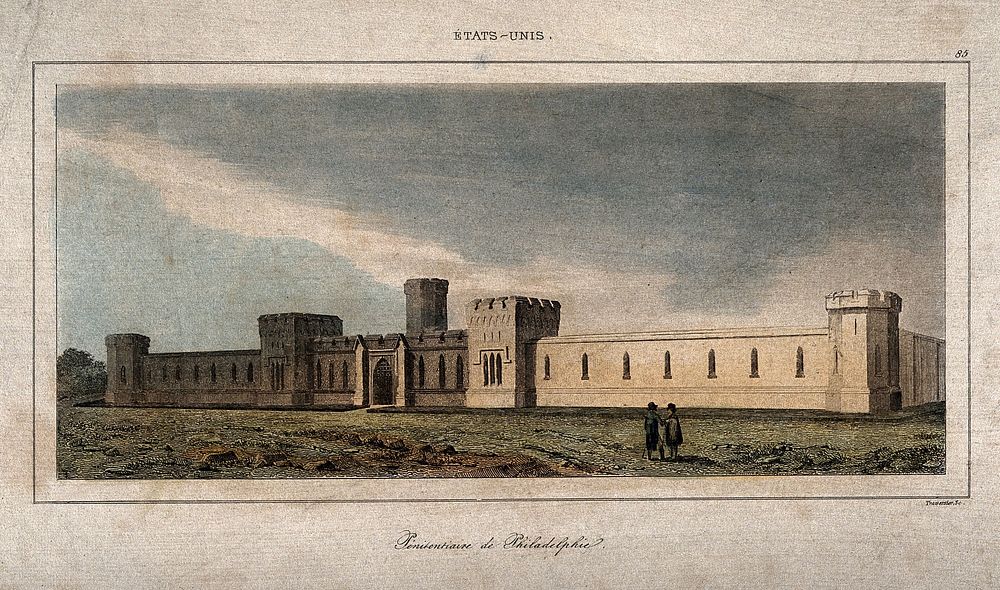 The State Penitentiary, Philadelphia: panoramic view. Coloured etching by Traverster.