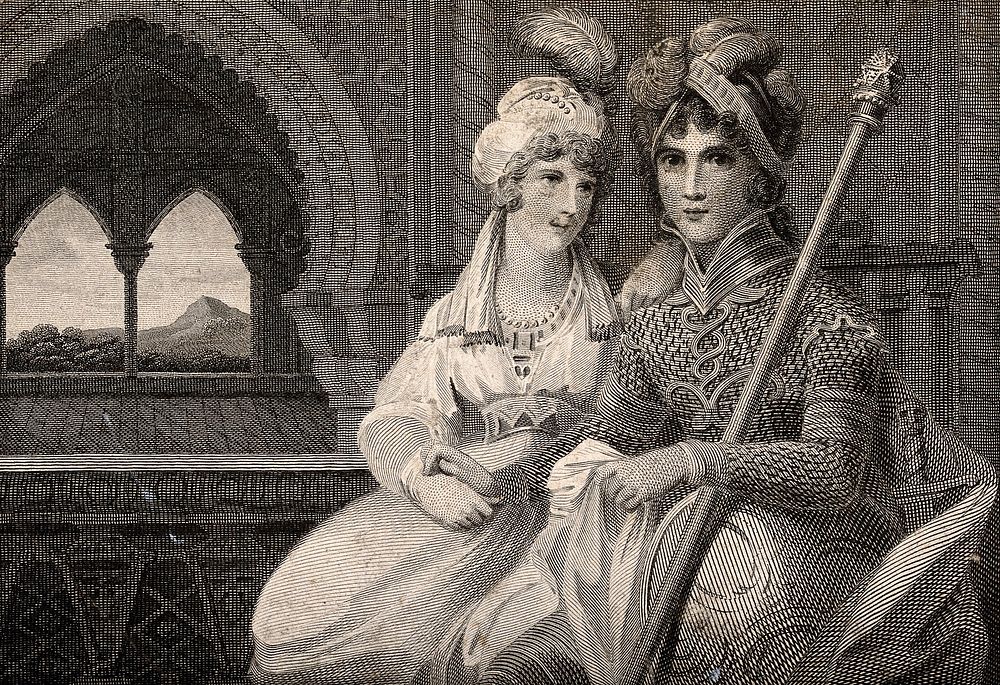 Two women in exotic costume. Engraving.