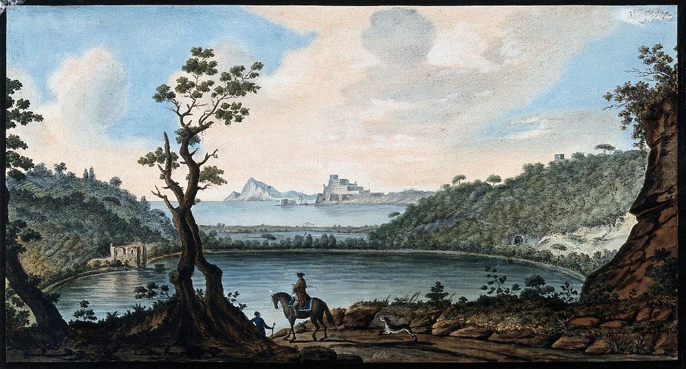 Lake Avernus (Lago d'Averno) and environs. Coloured etching by Pietro Fabris, 1776.