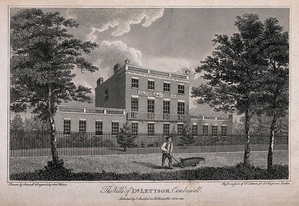 John Coakley Lettsom's house, Grove Hill, Camberwell, Surrey: view from the road. Engraving by Ambrose Warren after G.…