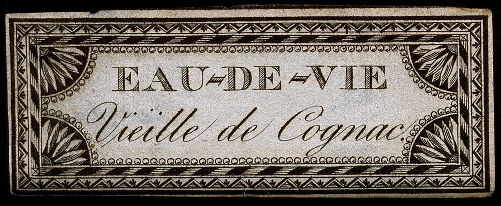An ornamental French cognac label. Engraving, 18--.