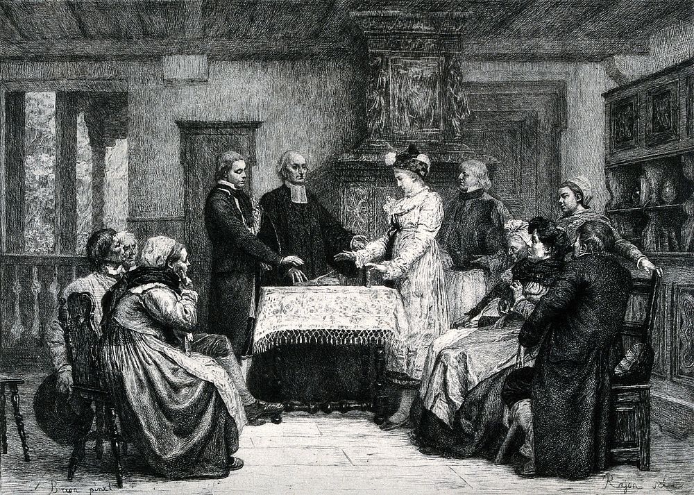 A Protestant marriage ceremony is performed in Alsace by a priest in the company of the couple's relatives. Etching by P.A.…