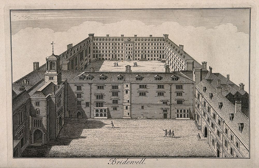 Bridewell Hospital: an aerial view. Engraving by W. H. Toms.
