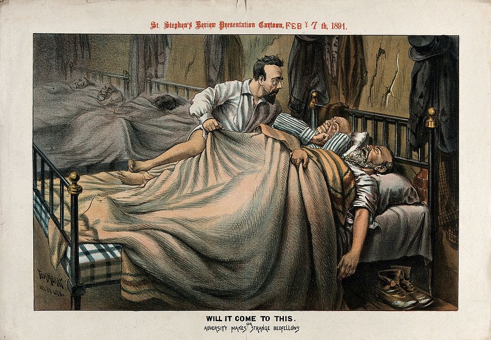 In a dormitory, a man is trying to get into a bed already occupied by W.E. Gladstone and another man. Colour lithograph by…