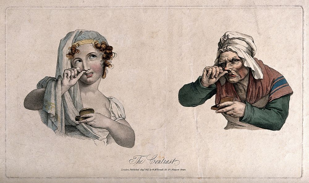 A pretty girl and an old woman both taking snuff. Coloured stipple engraving after L. Boilly, ca. 1827.