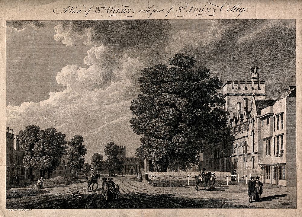 St. John's College, St. Giles and St. Giles Church, Oxford: panoramic view. Line engraving by M.A. Rooker after himself…