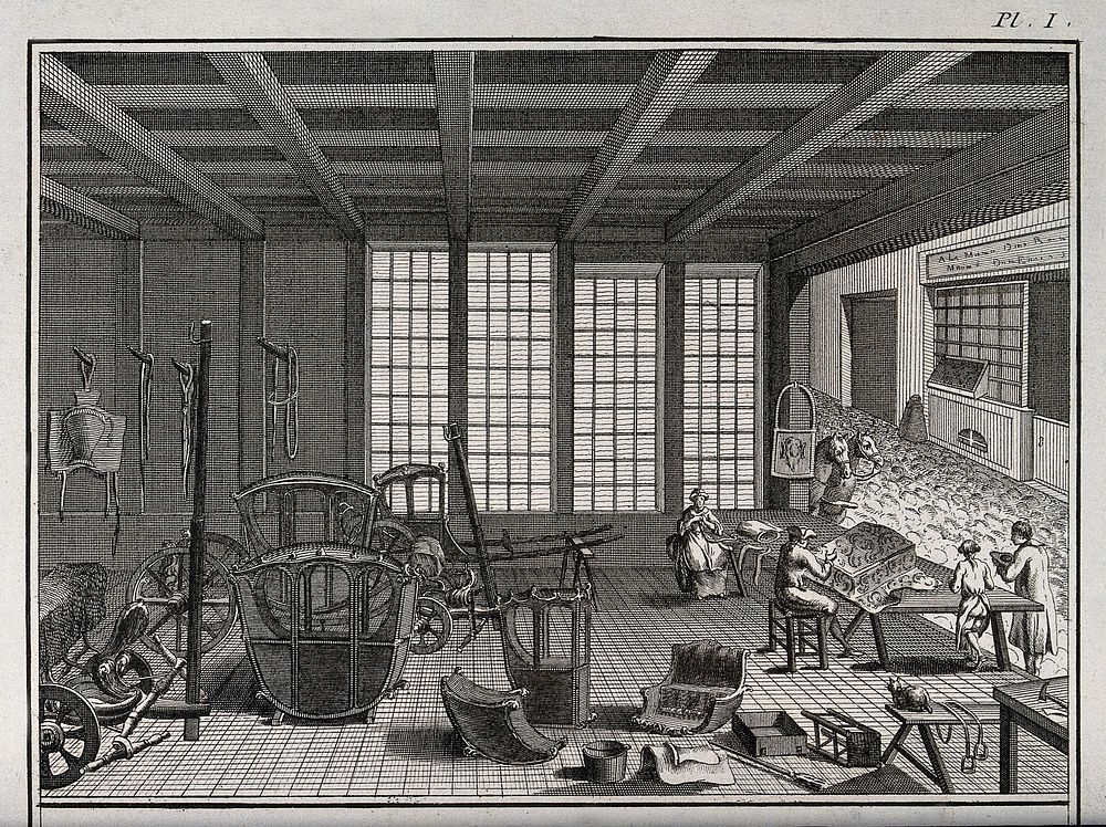 A saddler's and coach-builder's establishment, in a cobbled mews in Paris . Engraving, c.1762, by Benard after Lucotte.