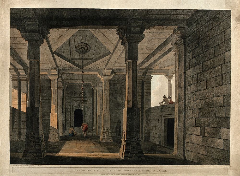 Interior of a Hindu temple, Deo, Bihar. Coloured aquatint by Thomas and William Daniell, 1800.