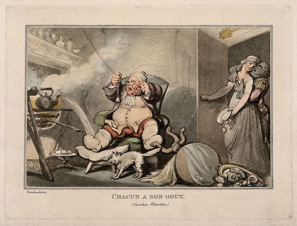 An obese gouty man in trouble, while his attendants cavort. Coloured lithograph by T. Rowlandson.