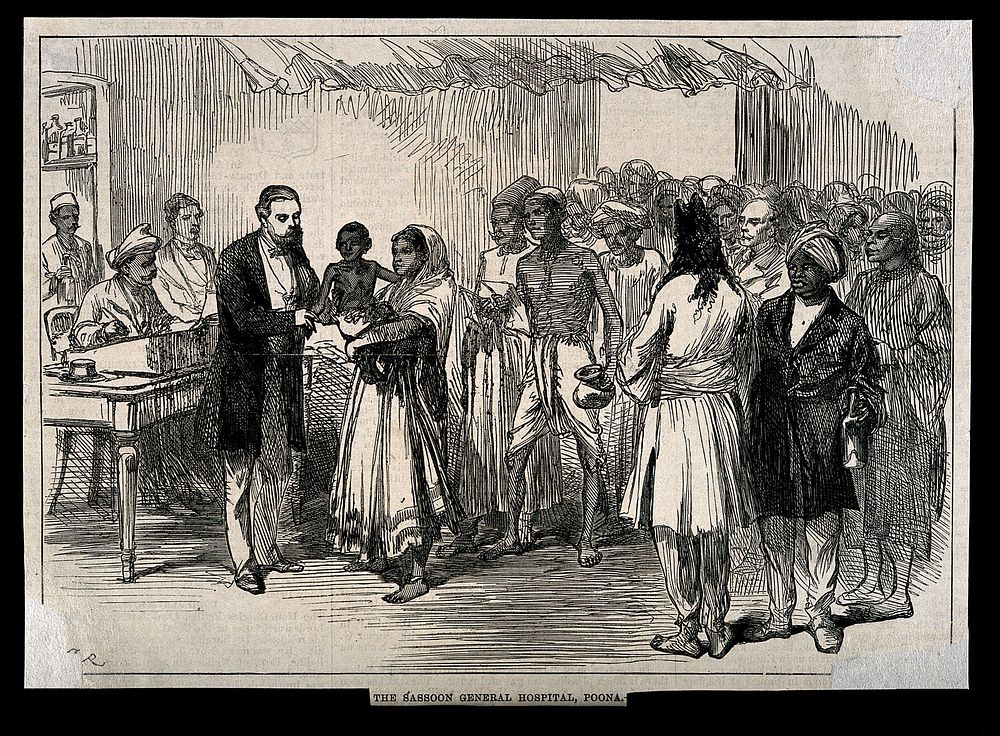 Sassoon General Hospital, Poona, India: a queue of patients awaiting treatment. Wood engraving by C. Roberts after W.…