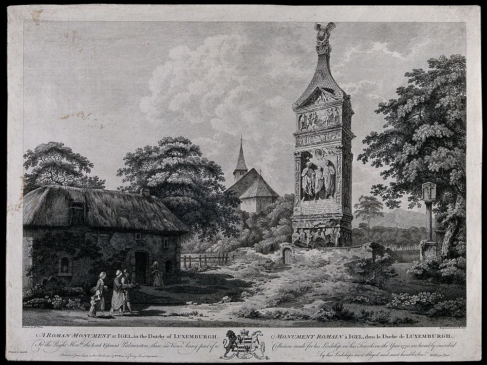 A Roman tomb at Igel, Luxemburg; people in the foreground, a church in the background. Engraving by E. Rooker after W. Pars…