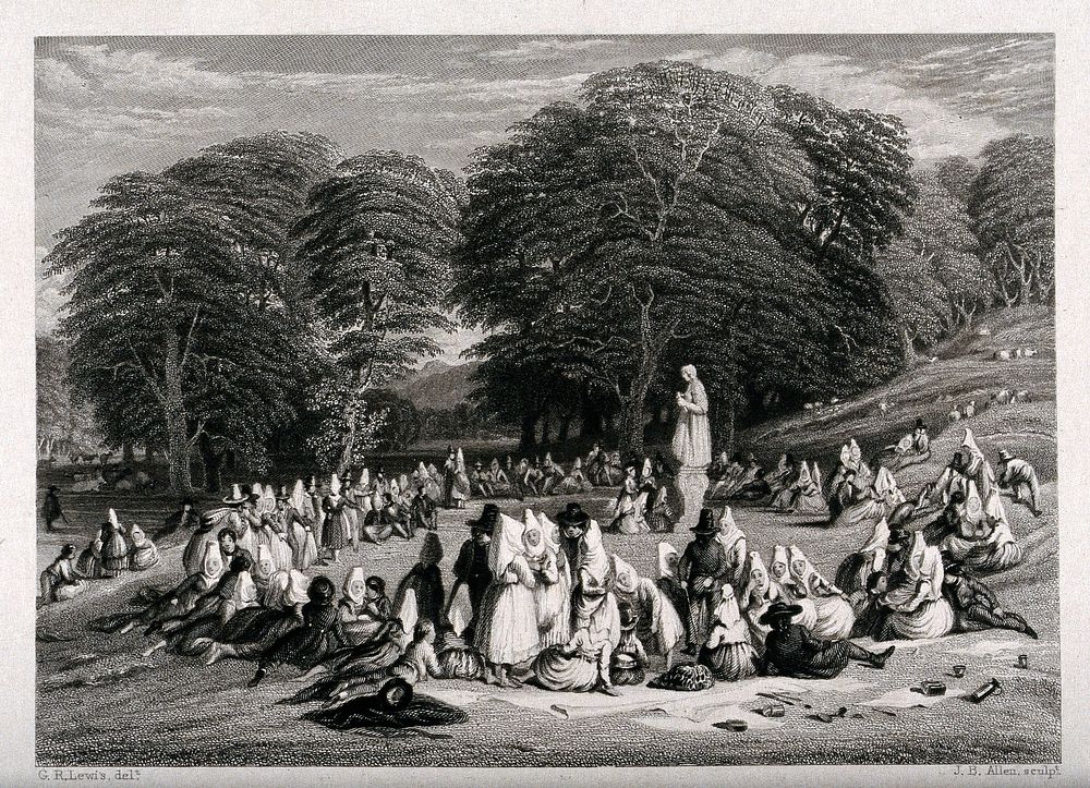 A landscape with Austrian pilgrims gathering around a sculpture. Engraving by J.B. Allen after G.R. Lewis.