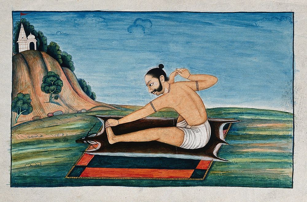 An Indian person of high rank in a yogic posture (the bow pose, or dhanurāsana). Gouache painting by an Indian painter.