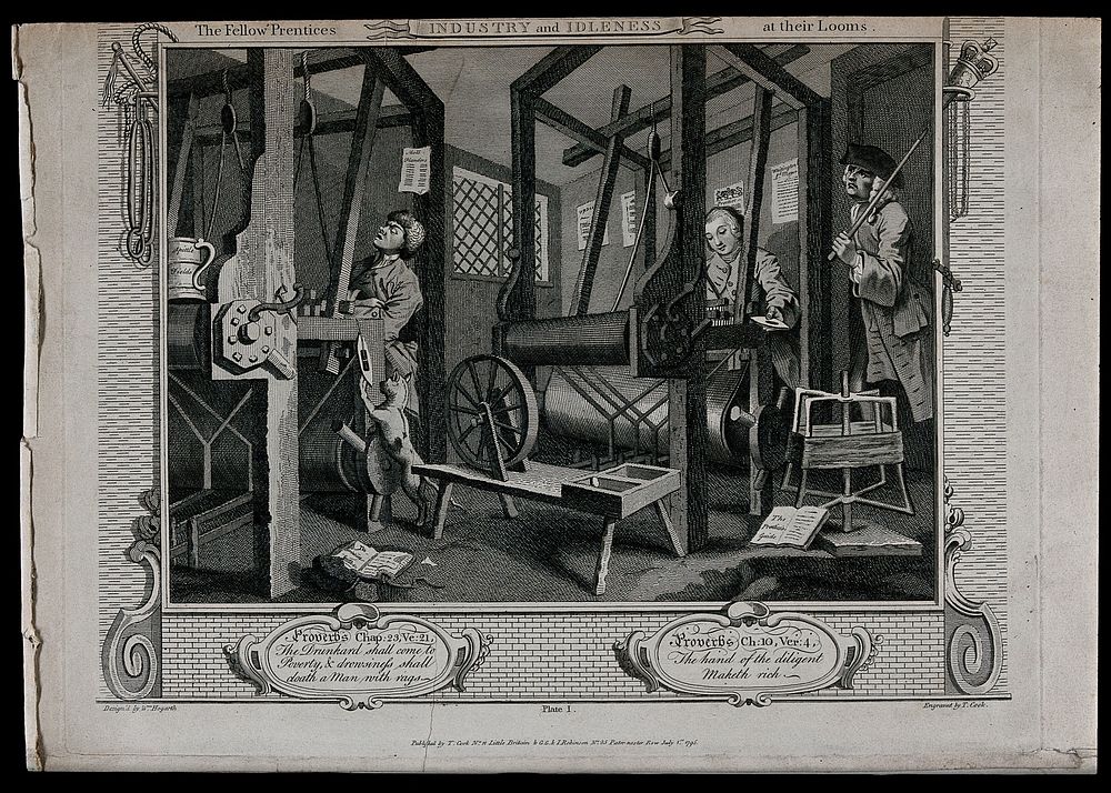 In a Spitalfields silk weaver's shop two contrasting apprentices, Tom Idle, asleep, and Francis Goodchild, engrossed in his…