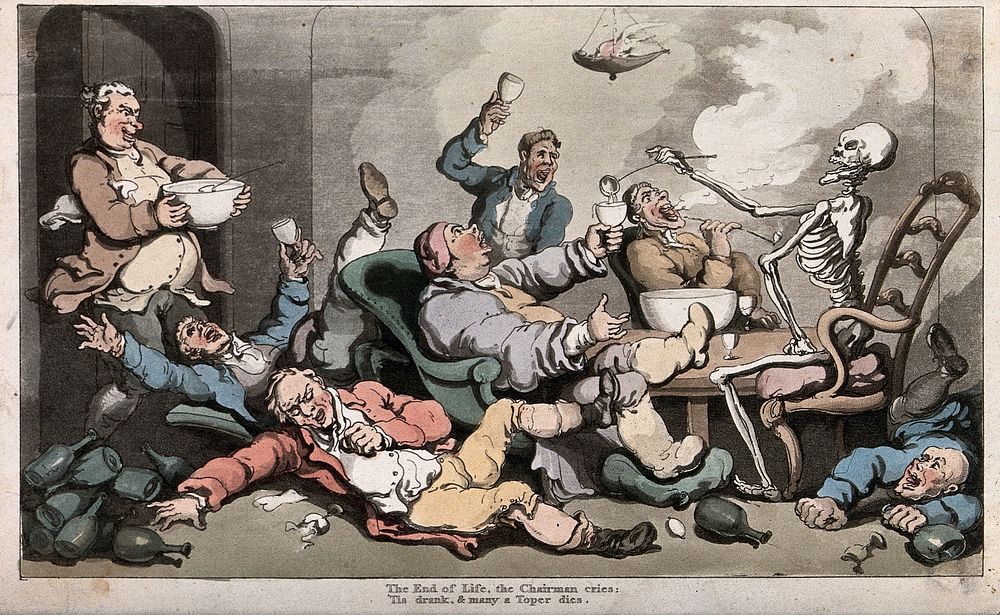 The dance of death: the toastmaster. Coloured aquatint after T. Rowlandson, 1816.