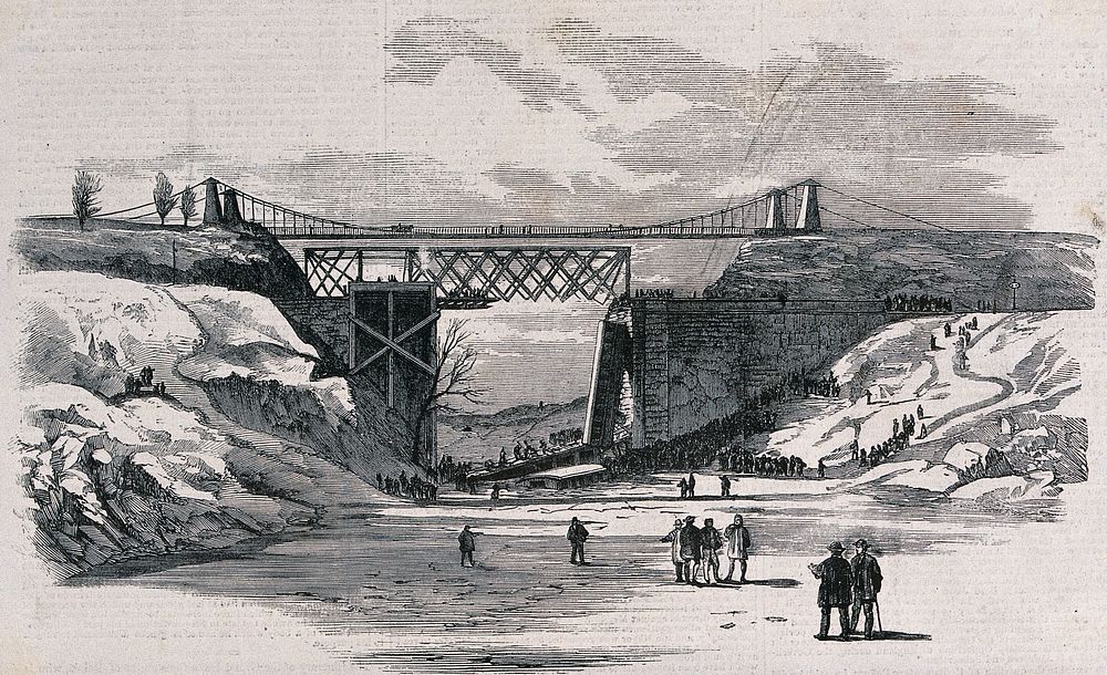 The fall of a railway train from a bridge in Hamilton, Ontario. Wood engraving, 1857.