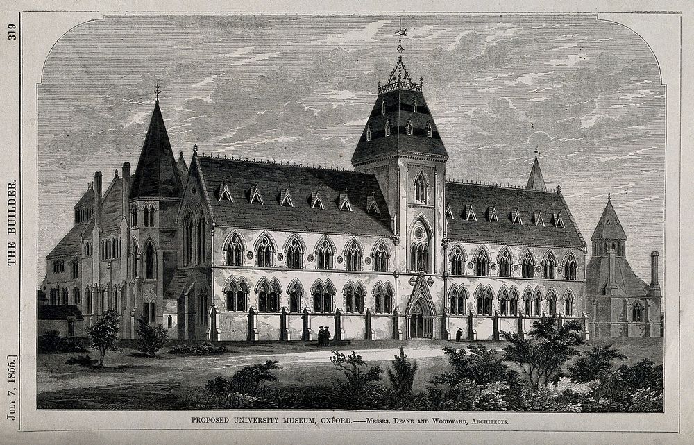 University Museum, Oxford: proposed sketch. Wood engraving by W.E. Hodgkin, 1855, after B. Sly, after Deane and Woodward.
