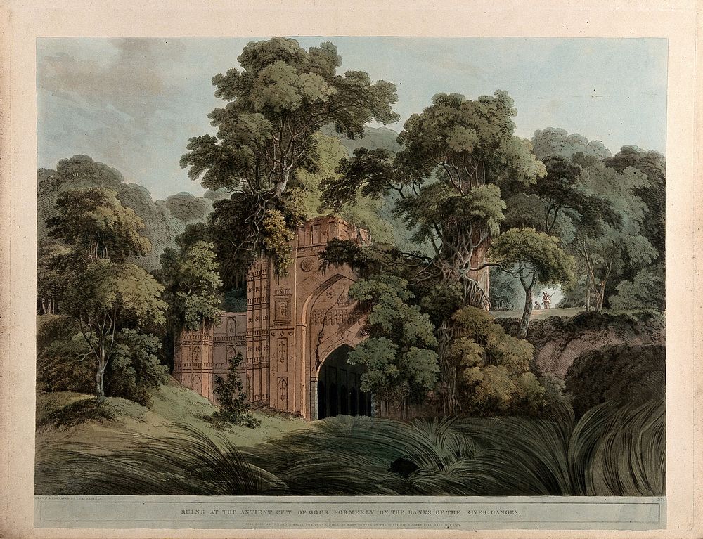 Ruins in the city of Gaur, West Bengal. Coloured aquatint by Thomas Daniell, 1795.