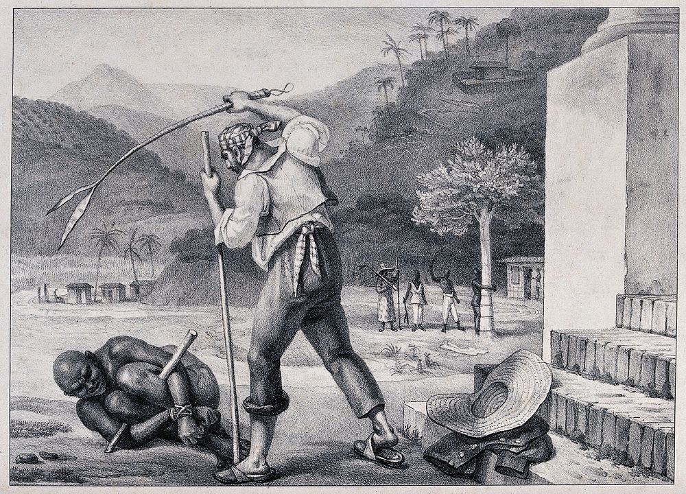 A white man in Brazil whipping a black man who has been tied up and lies before him on the ground. Chalk lithograph after…