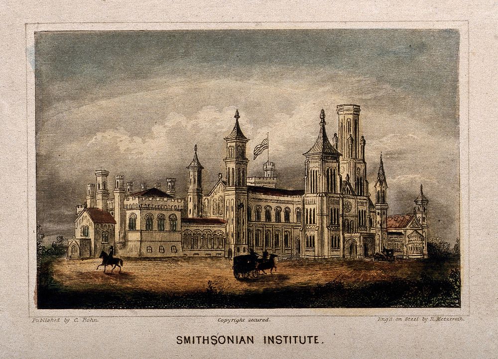 Smithsonian Institution, Washington, D.C. Coloured steel engraving by R. Metzeroth.