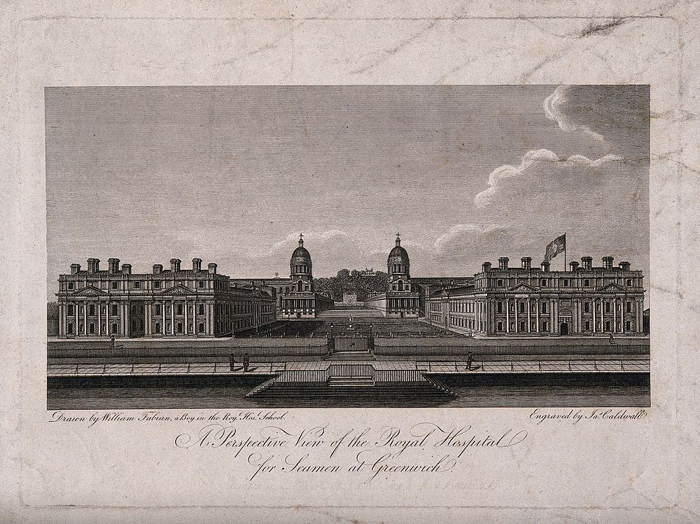 Royal Hospital, Greenwich, with the statue of George II in the courtyard. Engraving by J. Caldwall after W. Fabian.