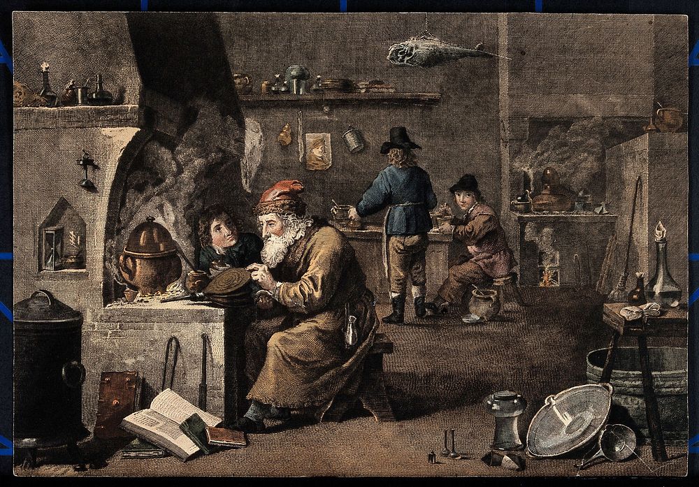 An alchemist with his assistants in his laboratory. Coloured engraving after D. Teniers the younger, 1640/1650.