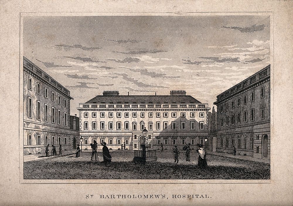 St Bartholomew's Hospital, London: the courtyard with several people. Engraving by J. Rogers after N. Whittock.