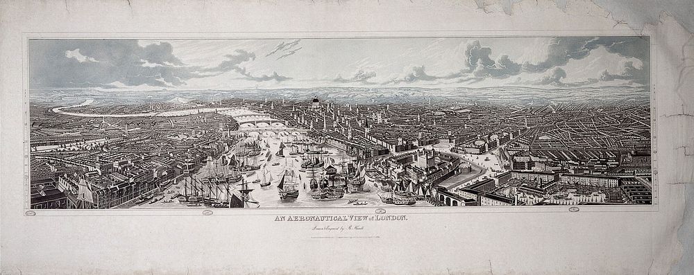 London: aerial view from east to west. Colour aquatint by R. Havell, 1836.